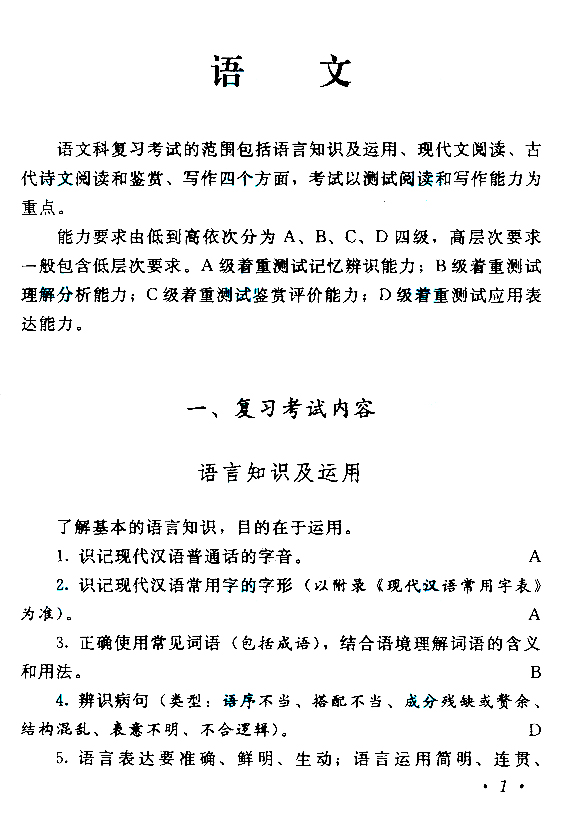 江西成人高考高起點語文考試大綱